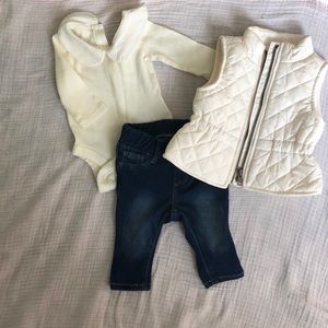 Long sleeved shirt, jeans, and vest 0-3 months
